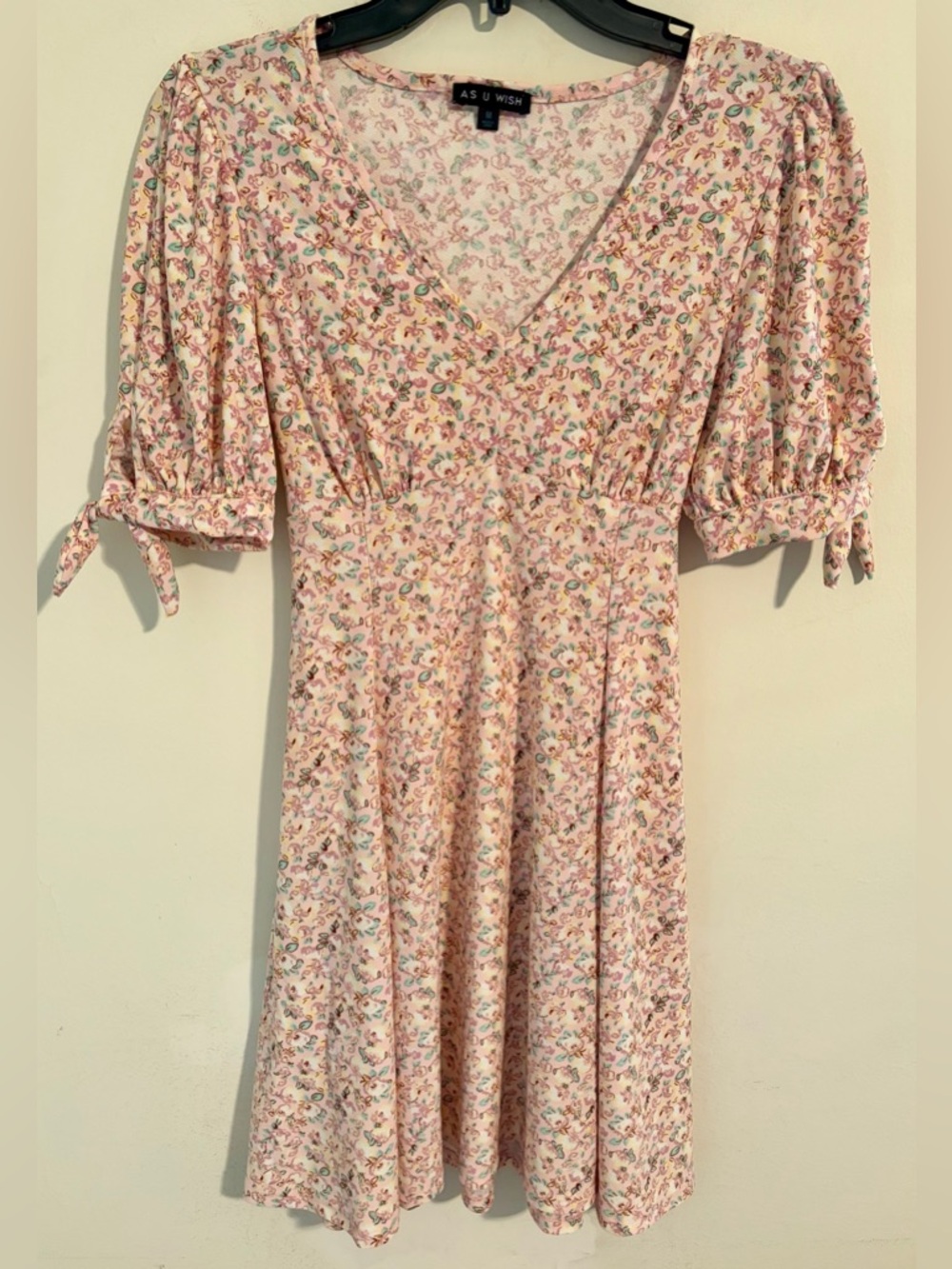 As U Wish Cream and Pink Floral V-Neck Midi Dress with Tie Sleeves